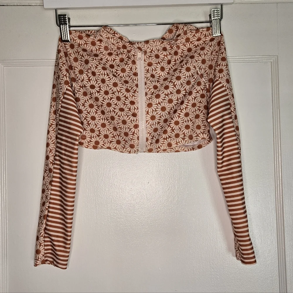 70's Style Daisy & Stripped Rashguard - Kids M (7-8) - Burnt Orange & Cream